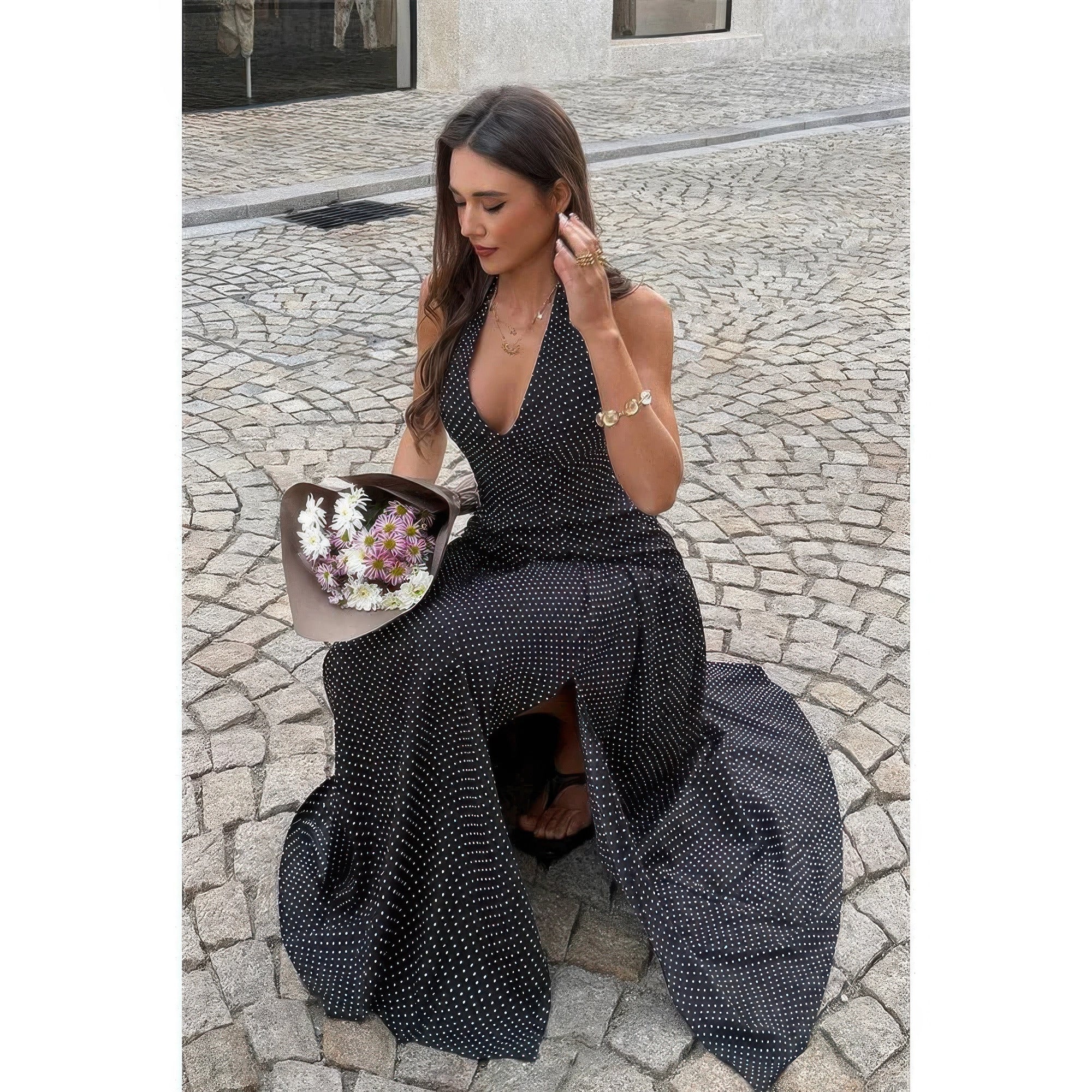 Polka Dot Vintage Halter Neck Maxi Dress