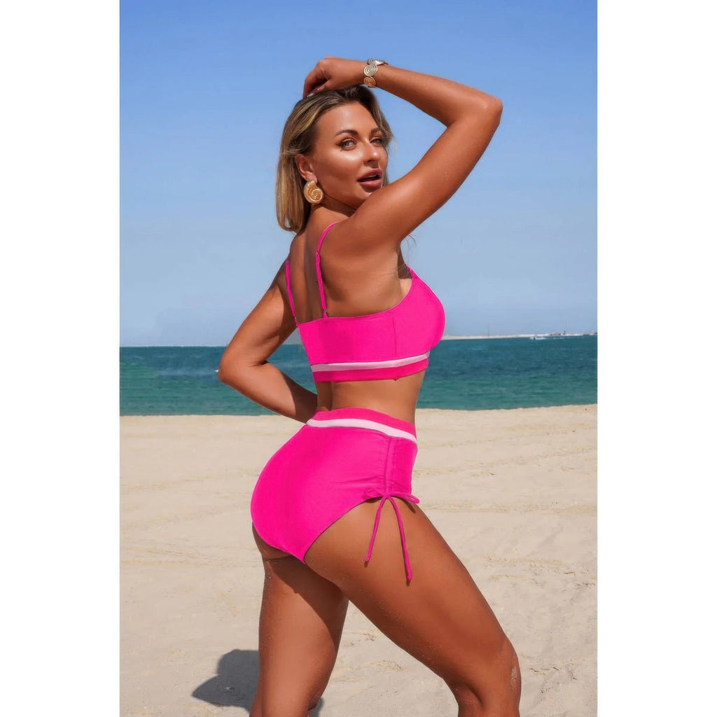 Two Piece Solid Contrast Tie Up Stretch Bikini