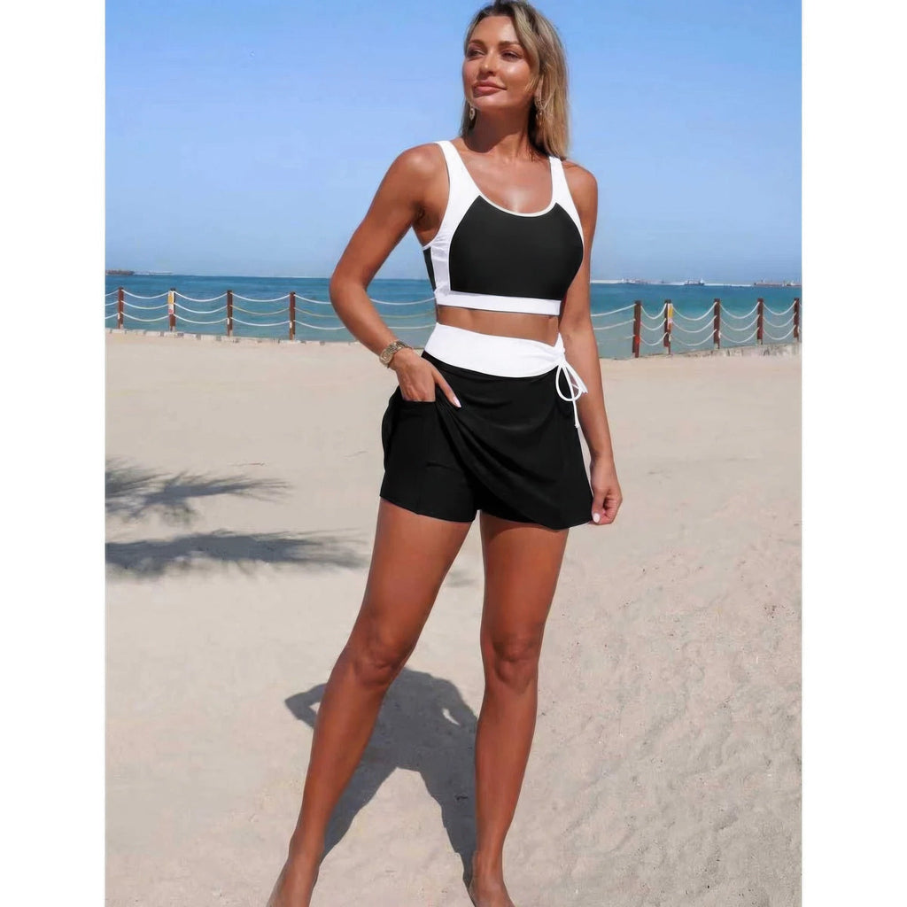 Two Piece Color Block High Waist Tie Up Bikini