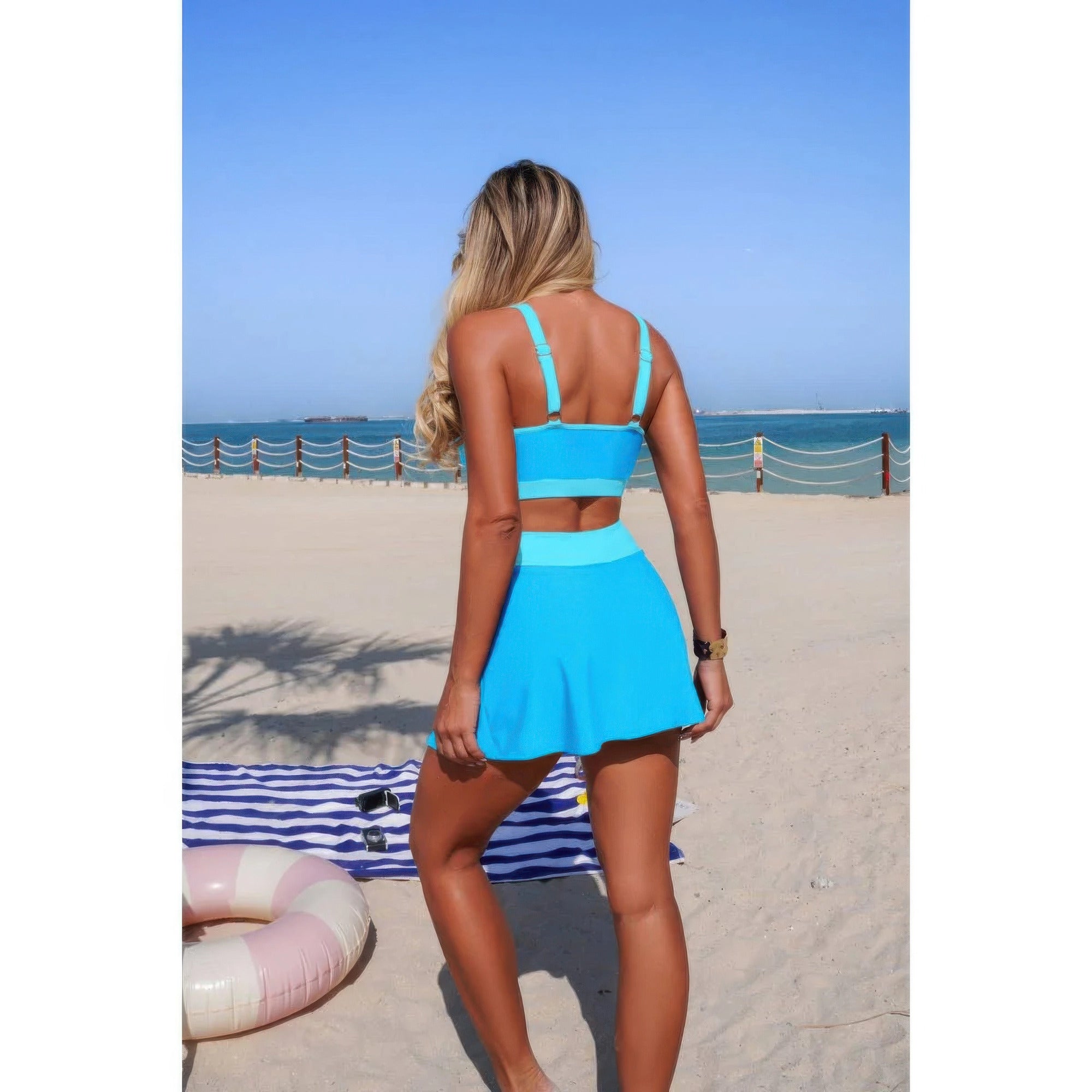 Two Piece Color Block High Waist Tie Up Bikini