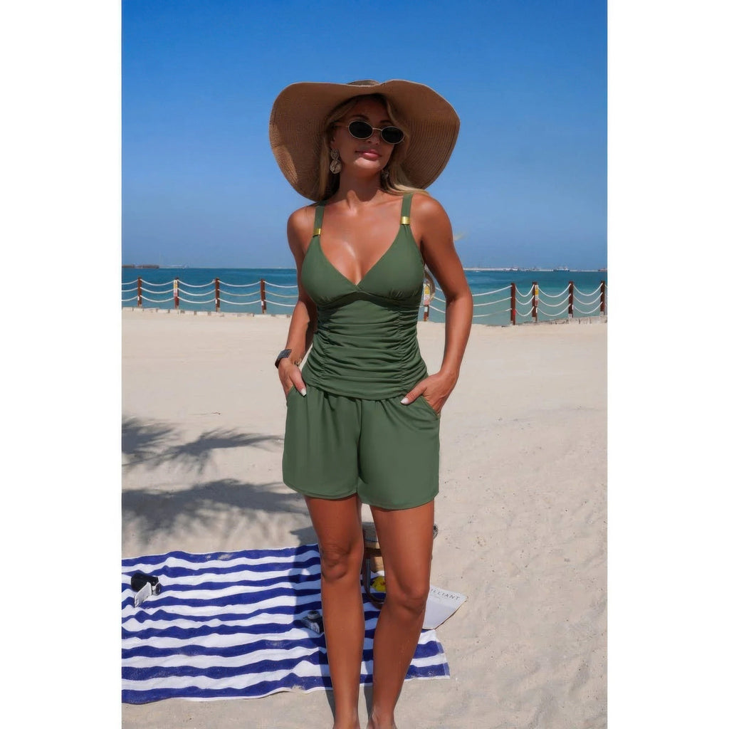 Two Piece Solid Ruched V Neck Pockets Bikini