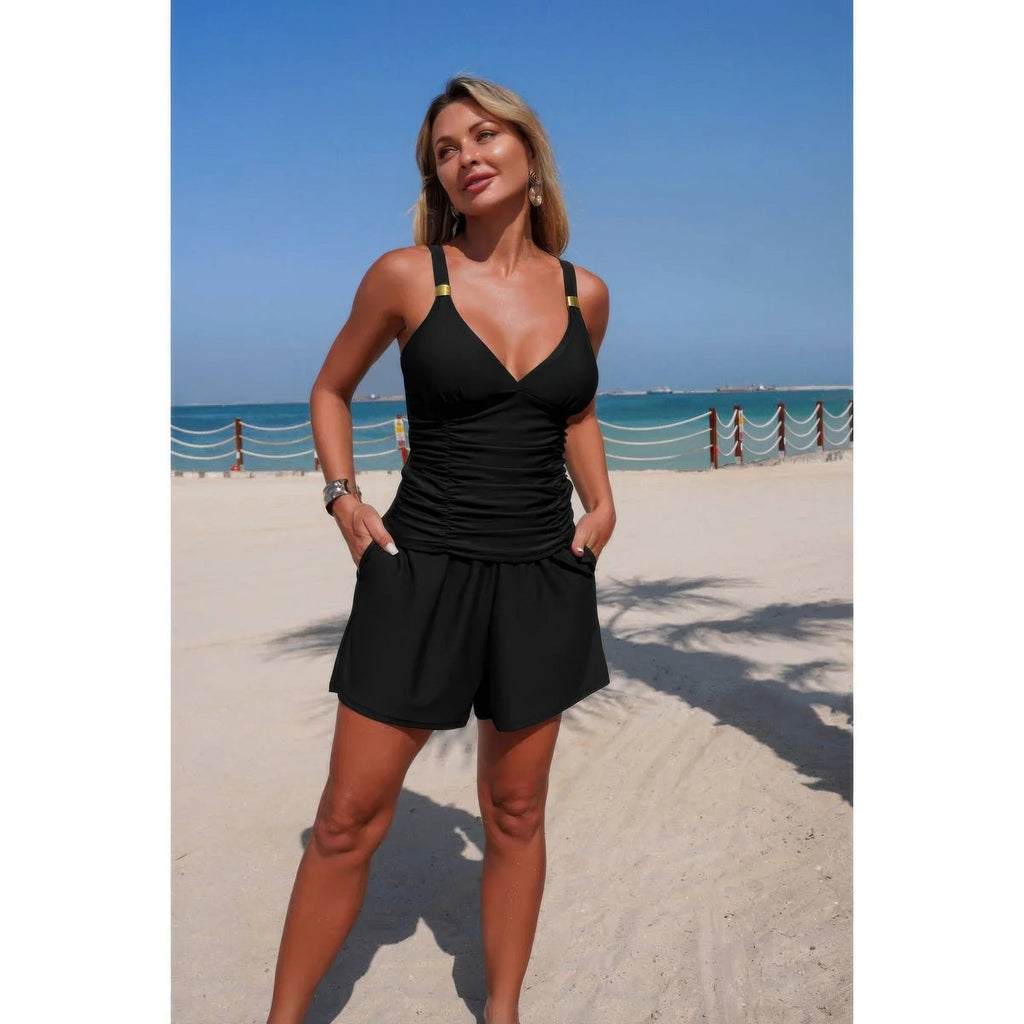 Two Piece Solid Ruched V Neck Pockets Bikini