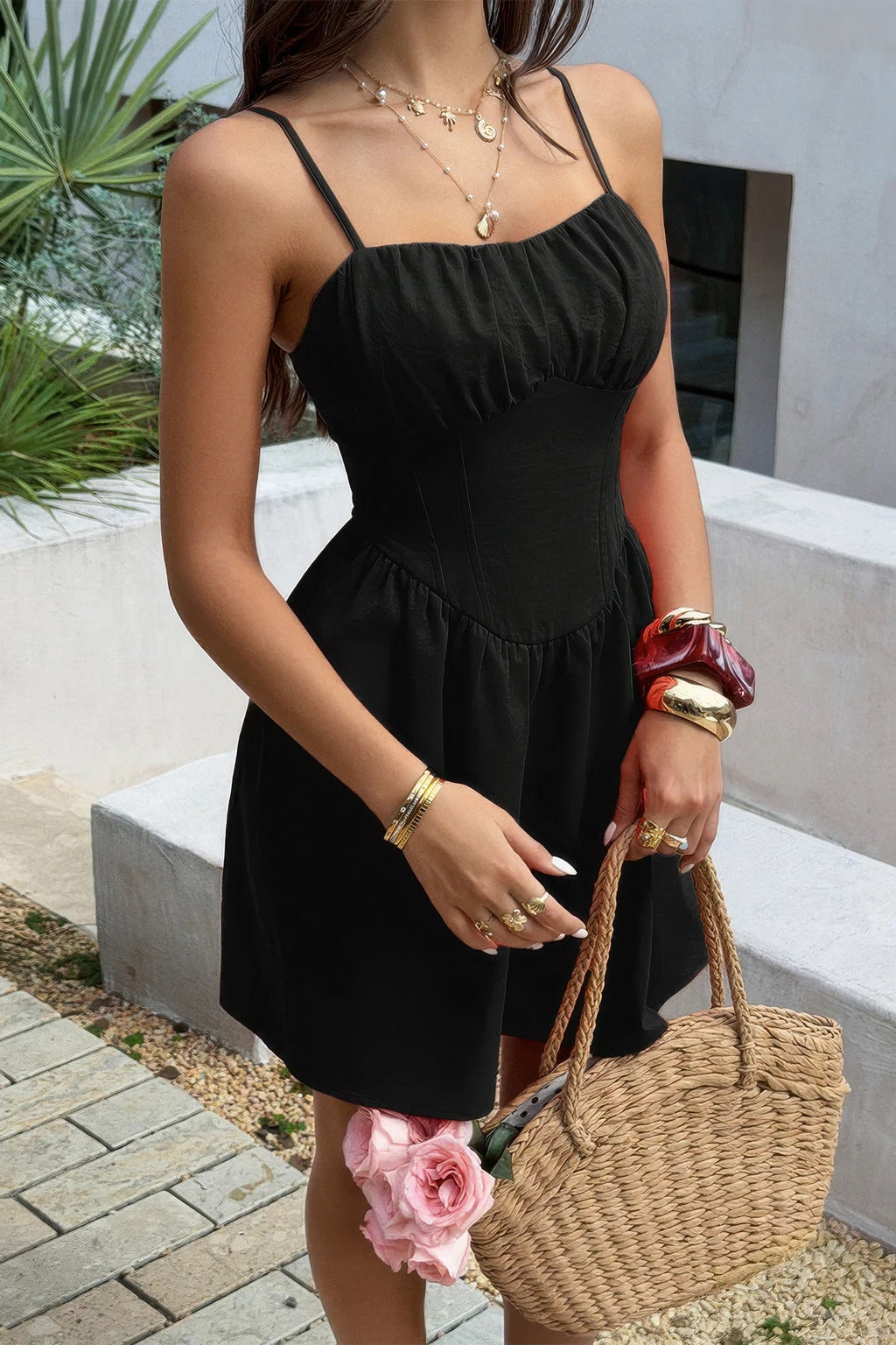 Sleeveless Lace Trim Corset Mini Dress