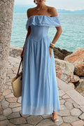 Solid Off Shoulder Corset Ruffle Long Dress