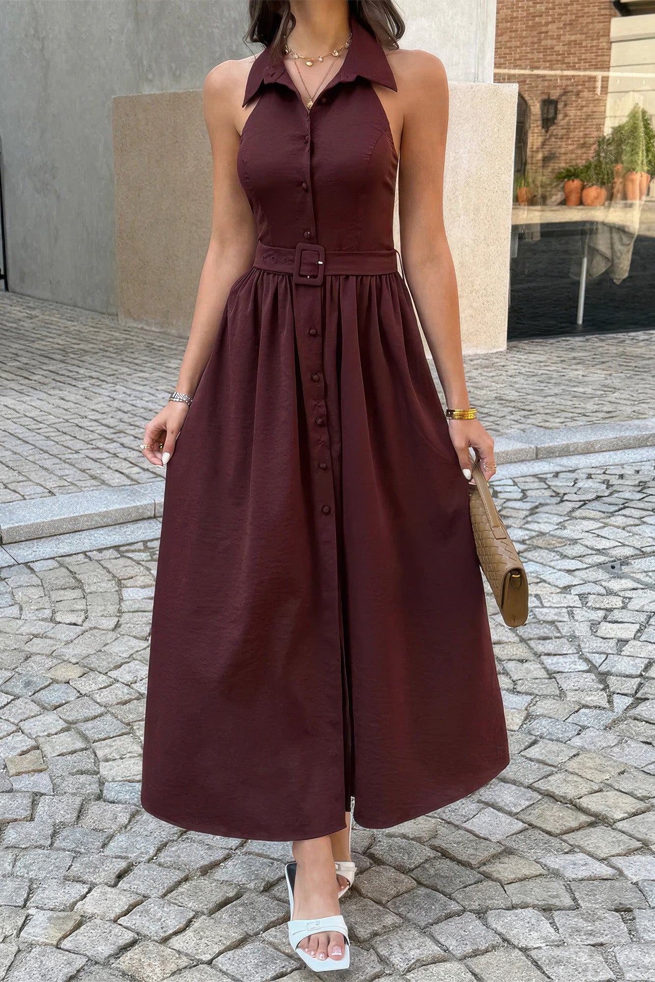 Collared Belt Sleeveless A Line Midi Dress