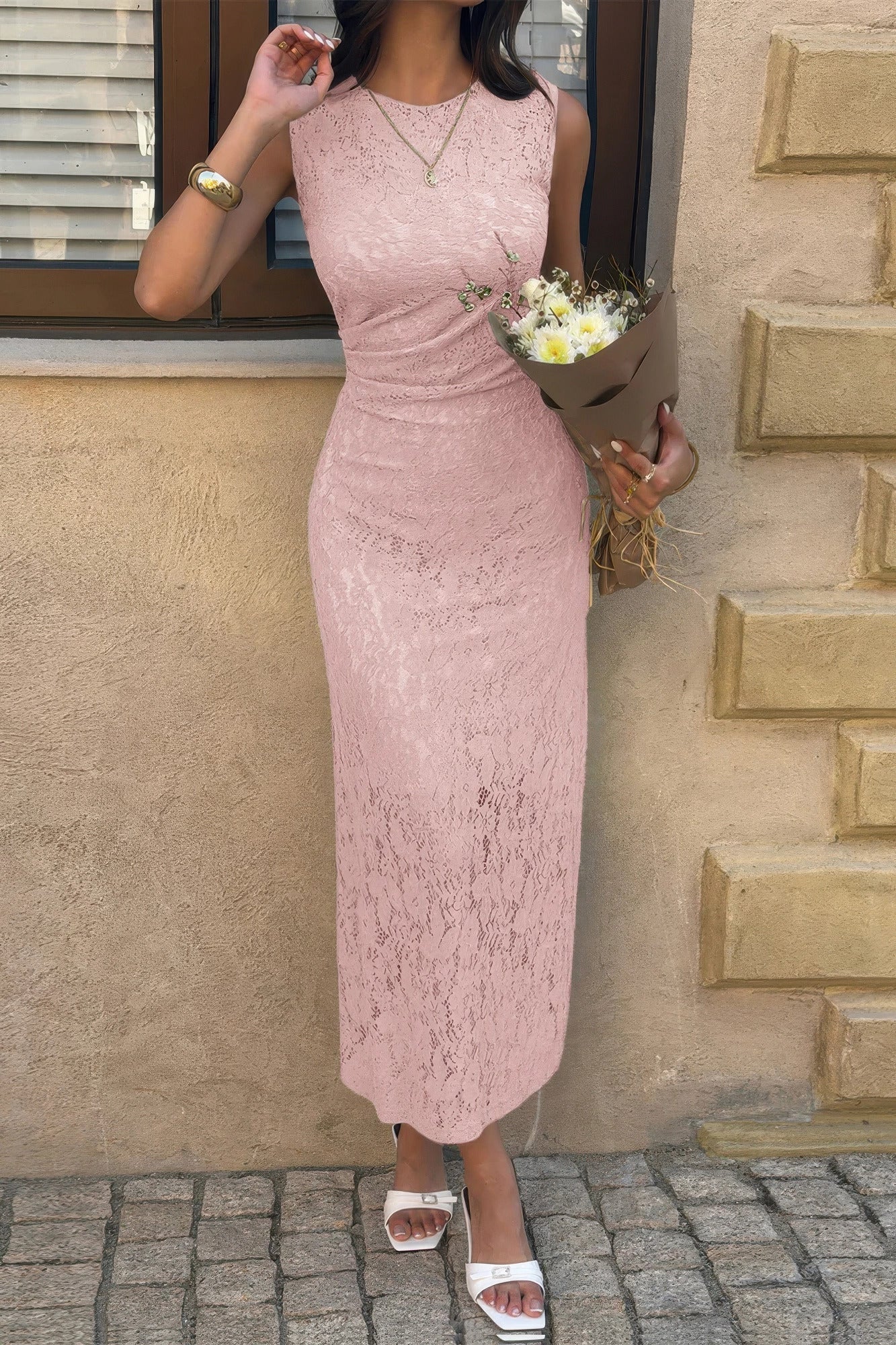 Solid Refined Cocktail Party Lace Midi Ruched Waist Dress