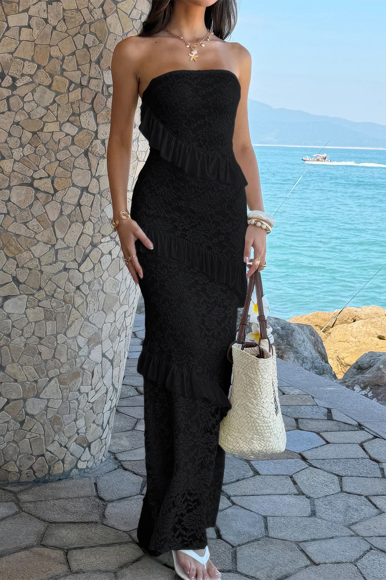 Solid Off Shoulder Bodycon Lace Maxi Dress