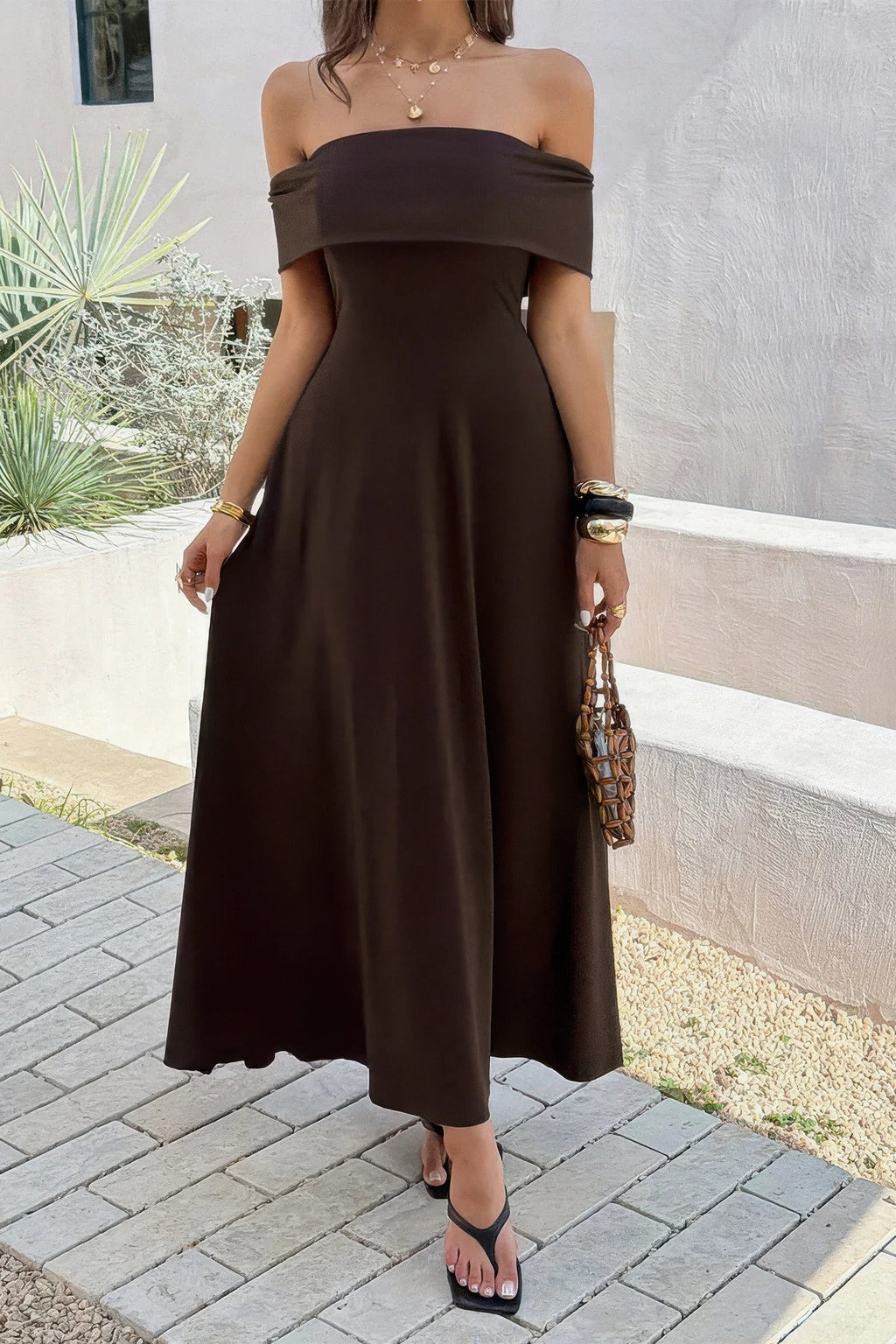 Off Shoulder Solid Backless Full Elegant Dress