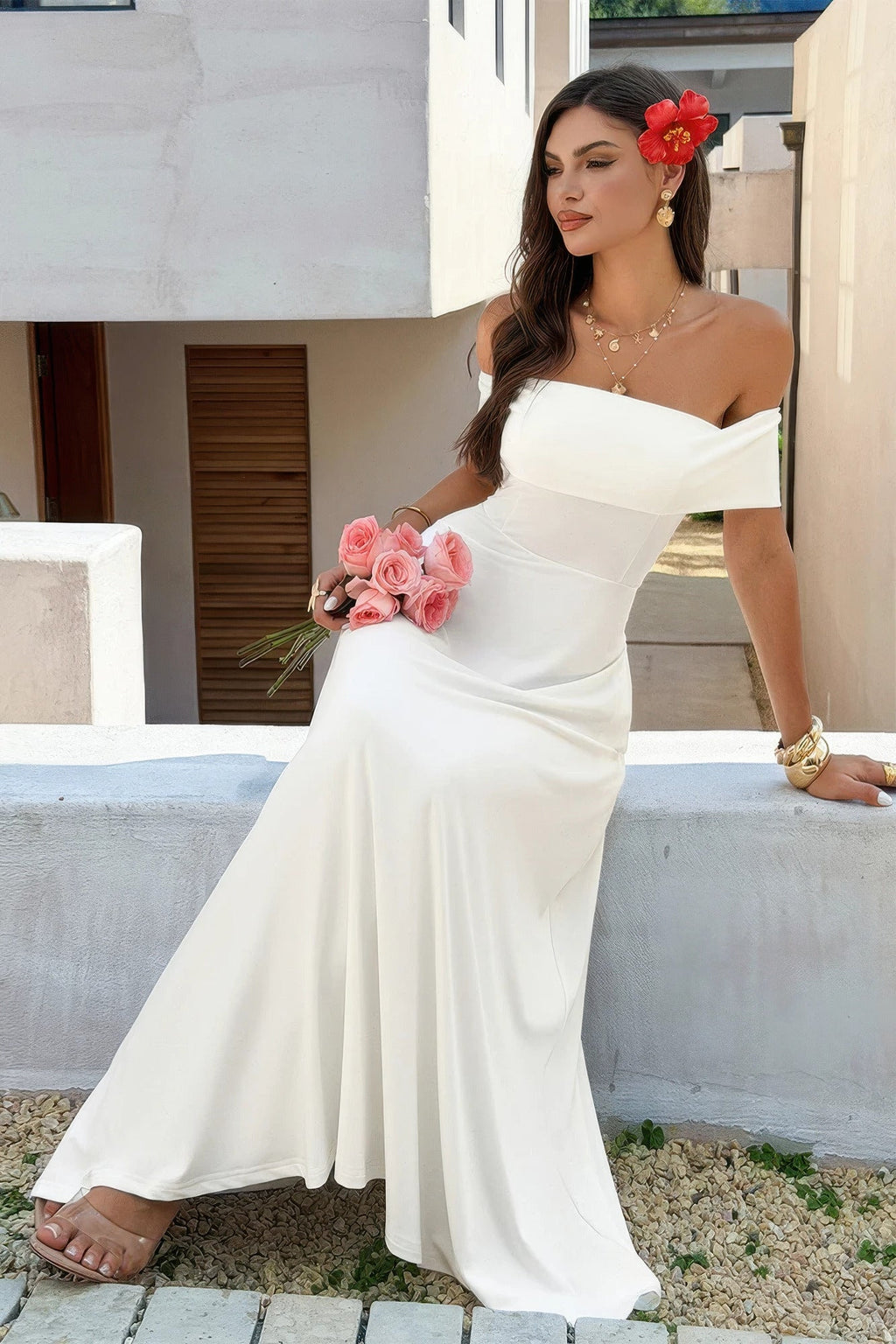 Off Shoulder Solid Backless Full Elegant Dress