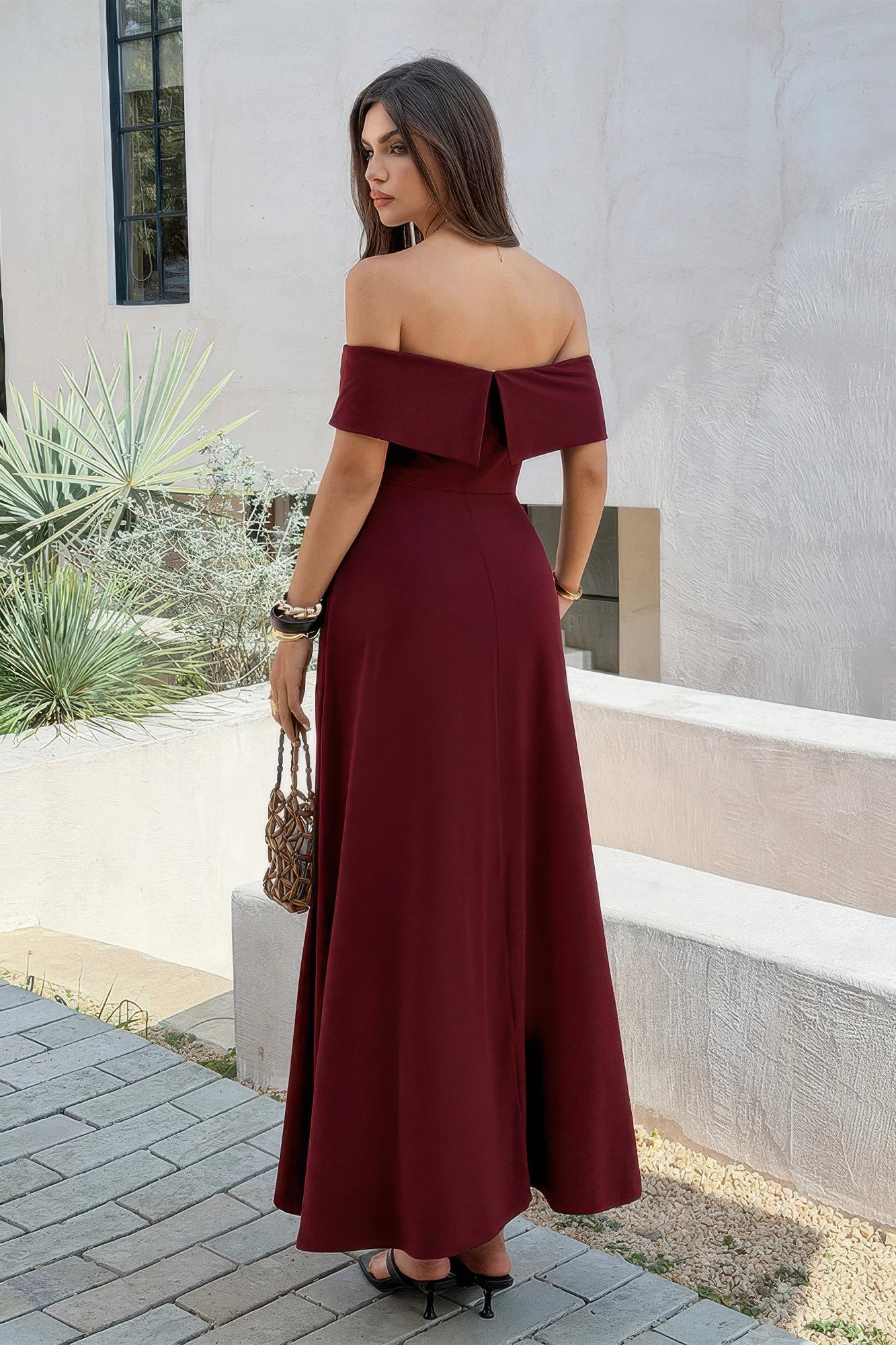 Off Shoulder Solid Backless Full Elegant Dress