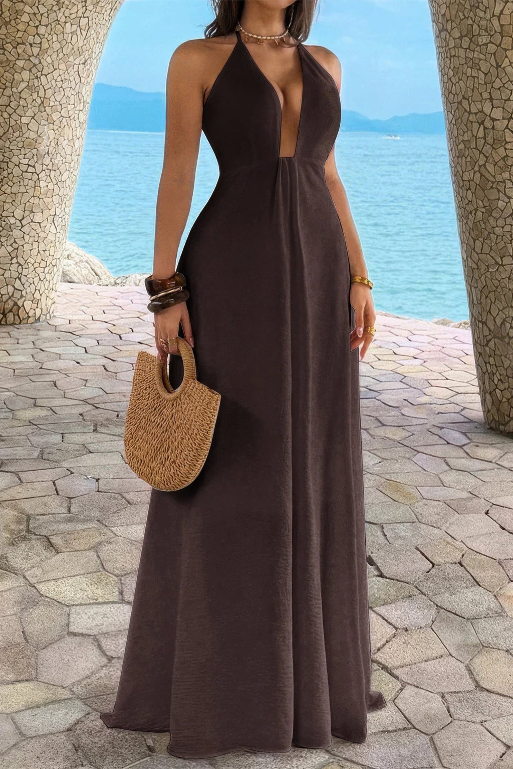 Halter Solid Hide Zipper A Line Maxi Dress