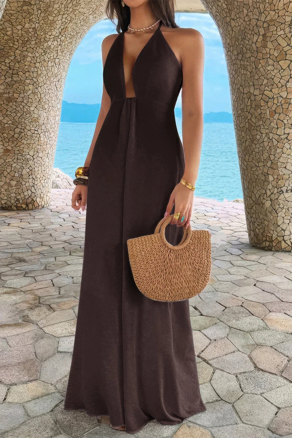 Halter Solid Hide Zipper A Line Maxi Dress