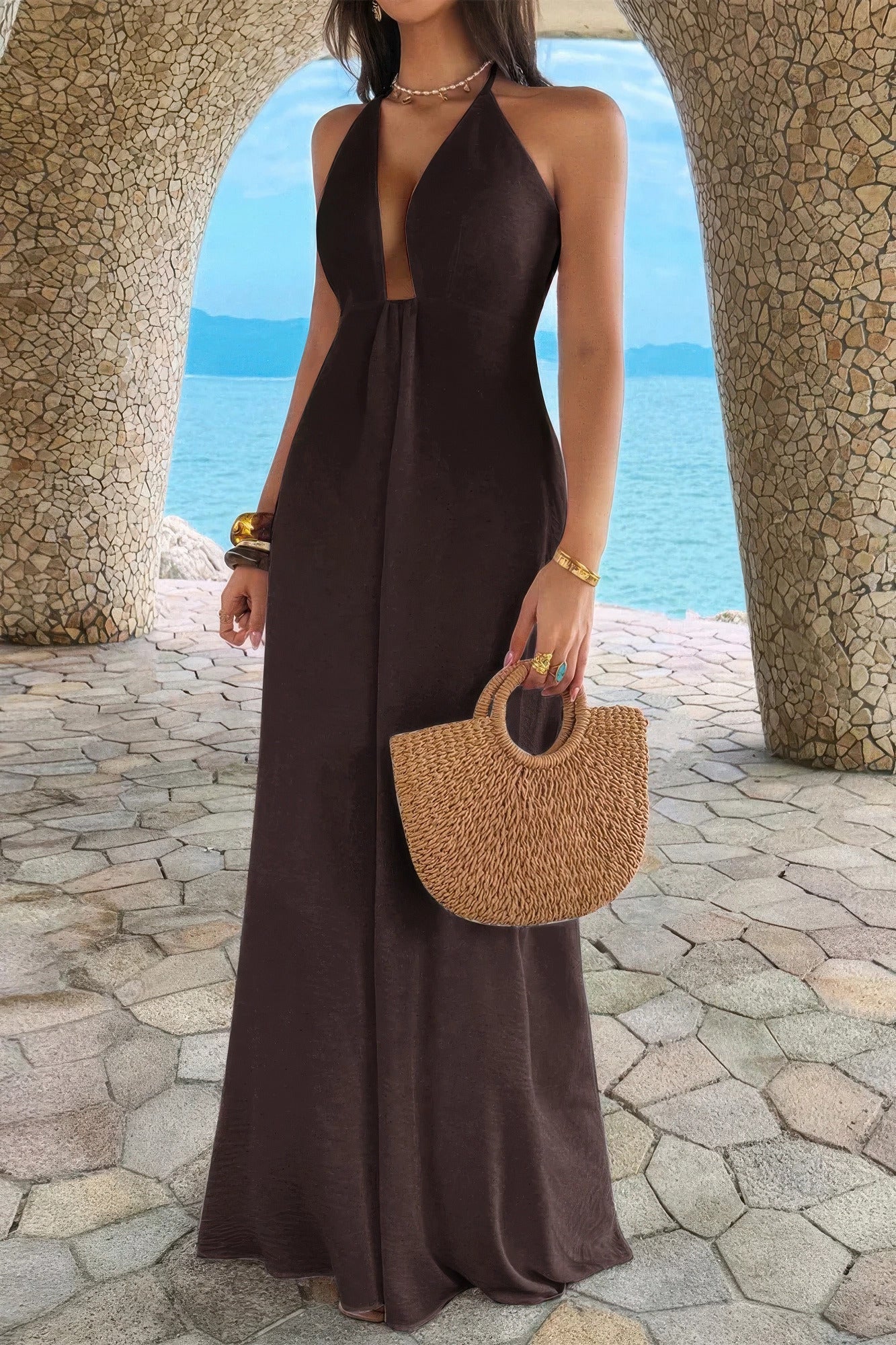 Halter Solid Hide Zipper A Line Maxi Dress