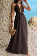 Halter Solid Hide Zipper A Line Maxi Dress