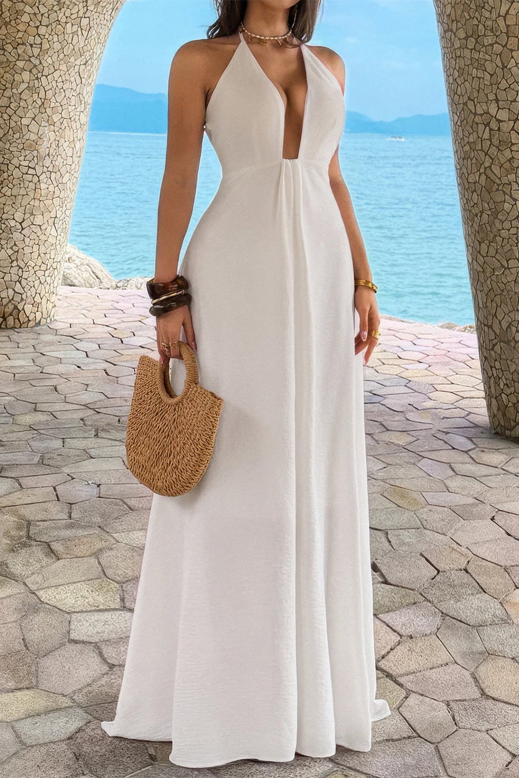 Halter Solid Hide Zipper A Line Maxi Dress