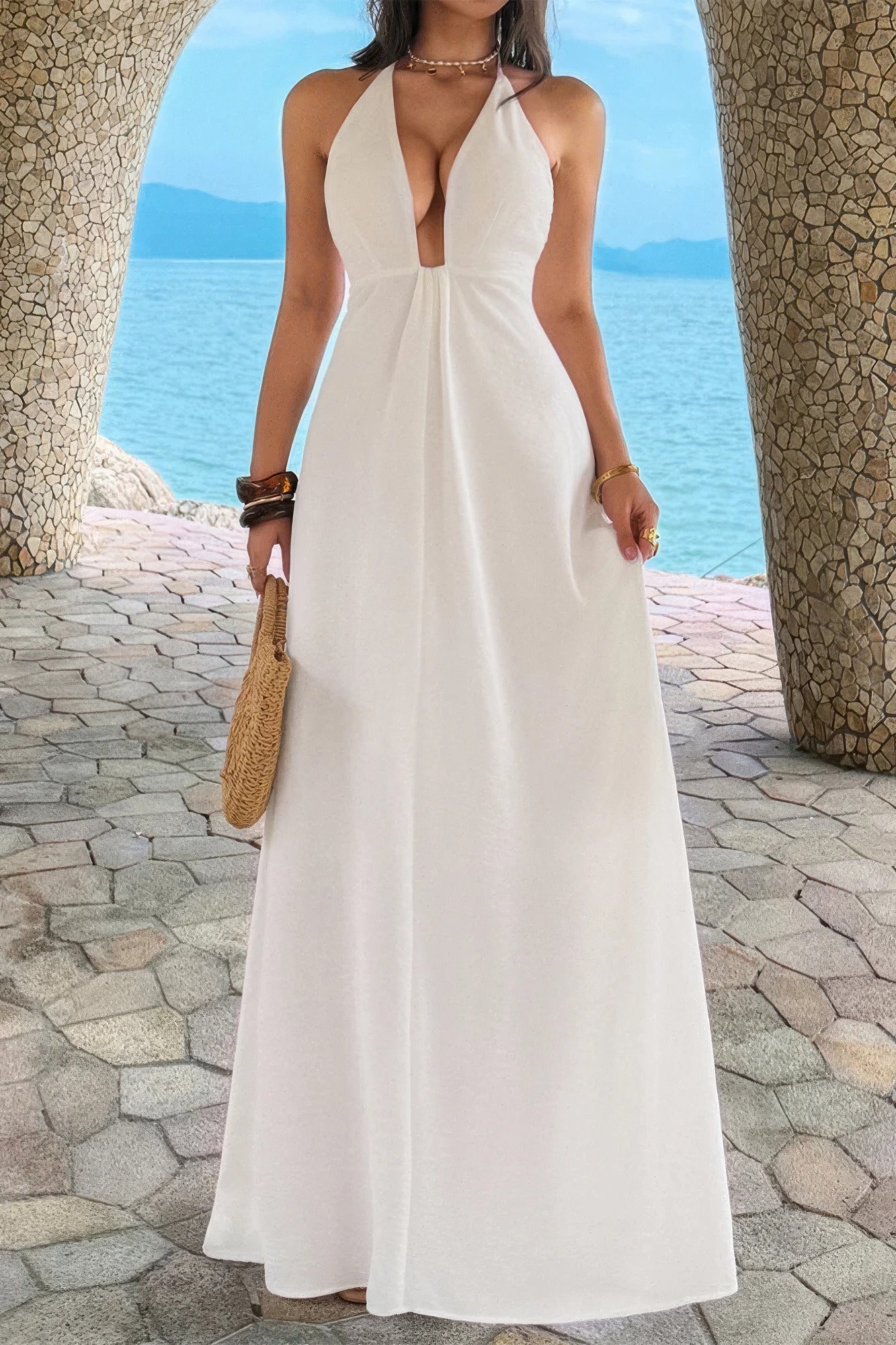 Halter Solid Hide Zipper A Line Maxi Dress