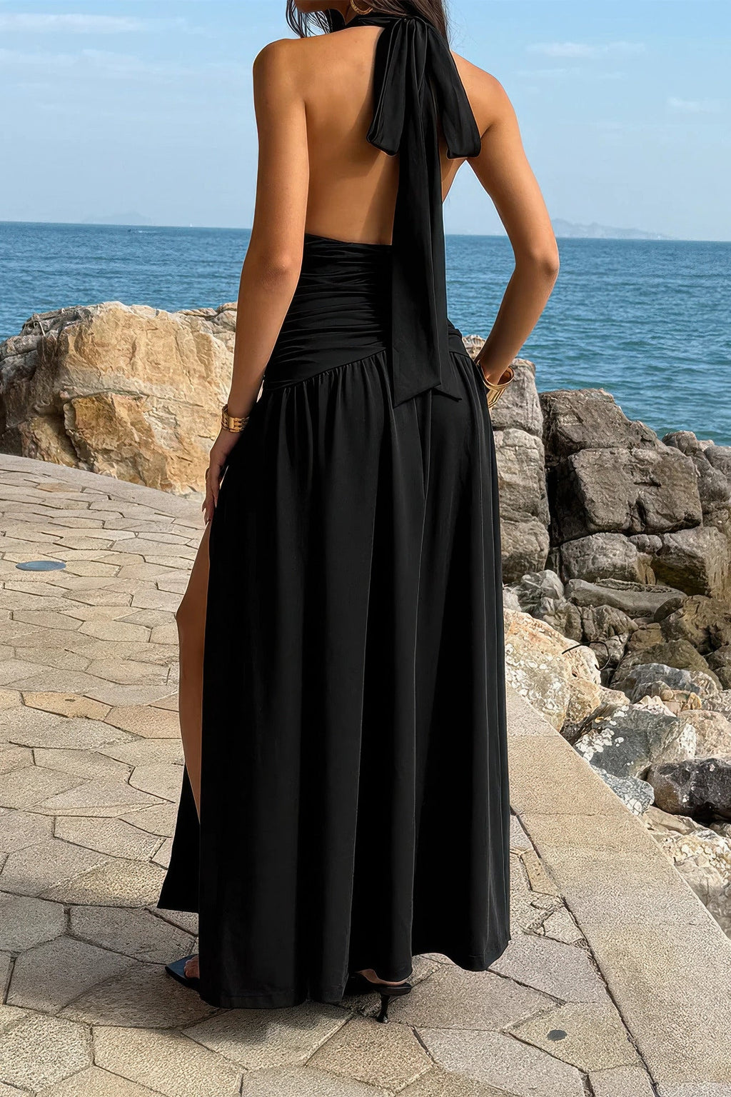 Halter Deep V Neck High Slit Ruched Maxi Dress