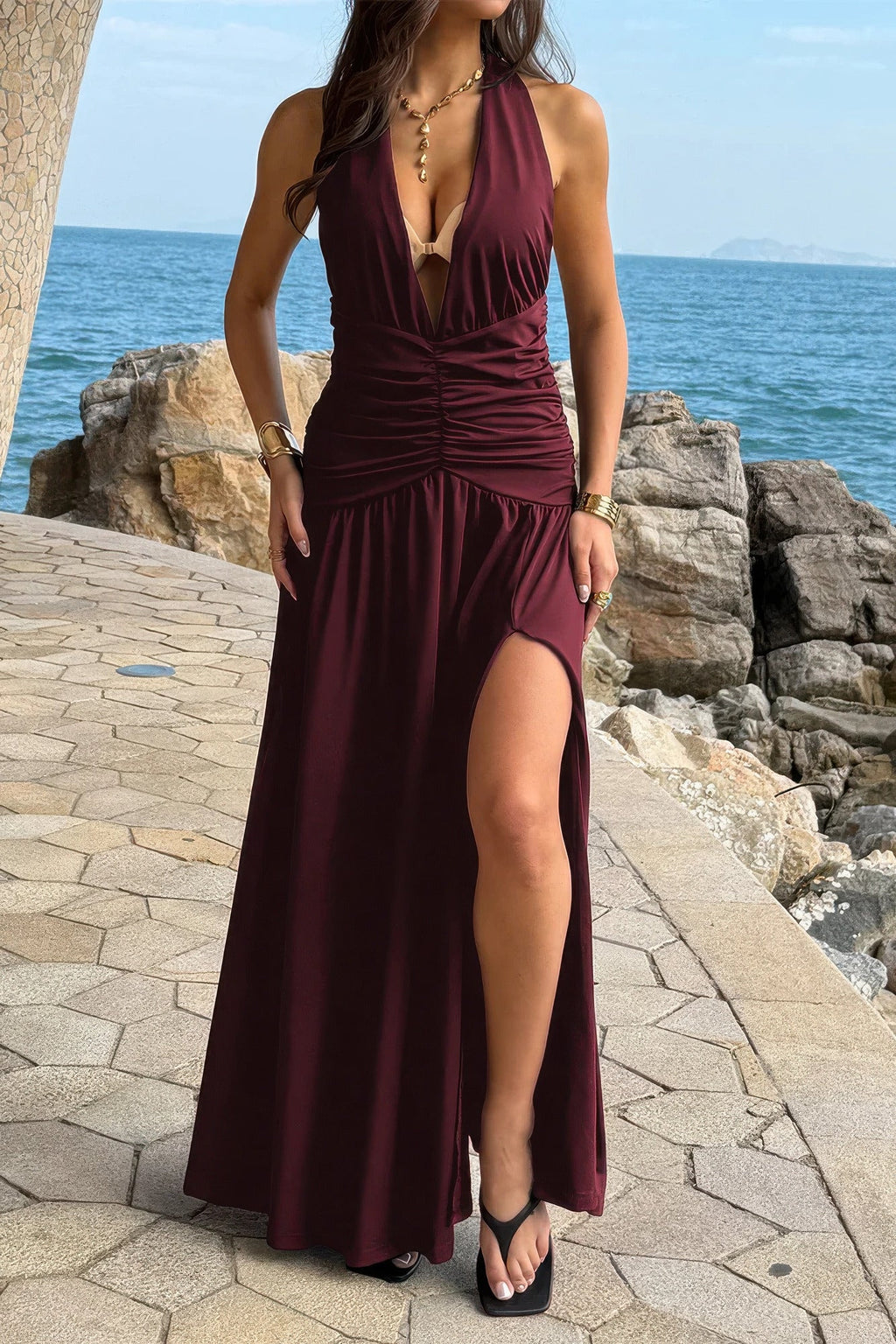 Halter Deep V Neck High Slit Ruched Maxi Dress