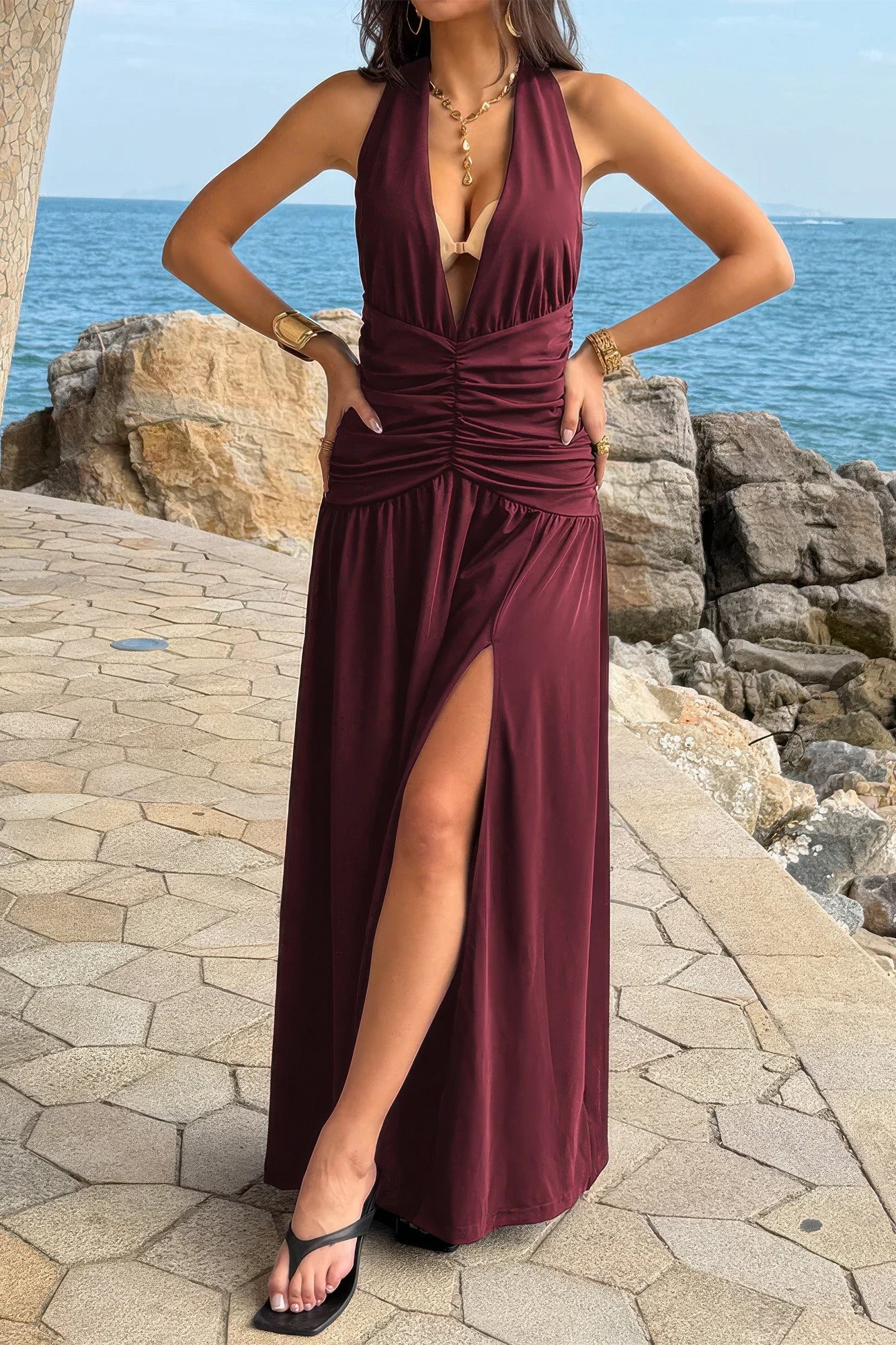 Halter Deep V Neck High Slit Ruched Maxi Dress