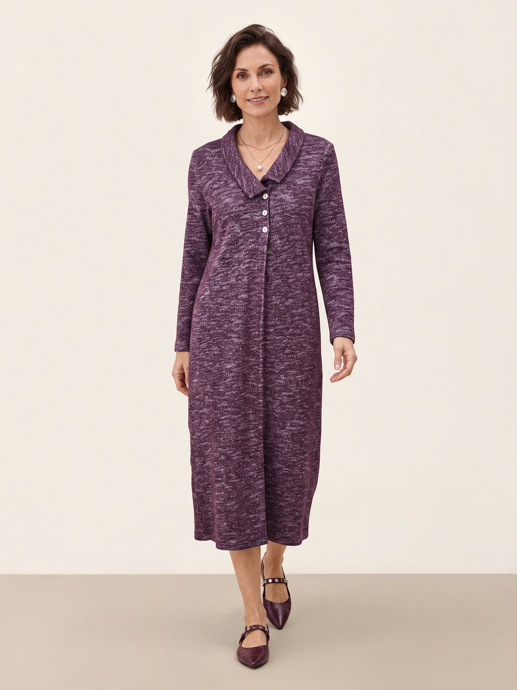 Wool Cotton Melange Collared Knit Midi Dress CORALIE