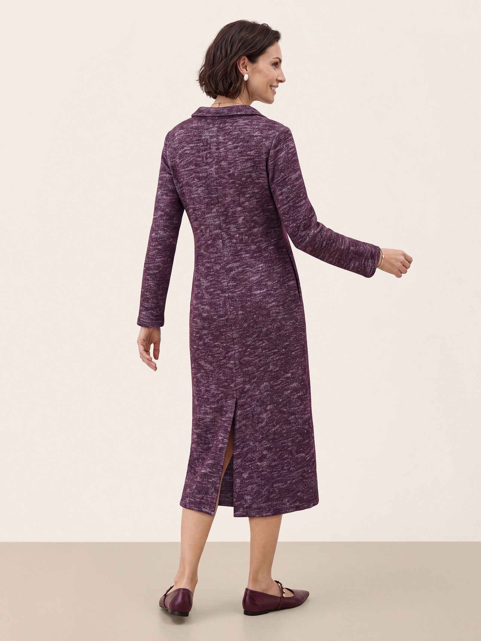Wool Cotton Melange Collared Knit Midi Dress CORALIE
