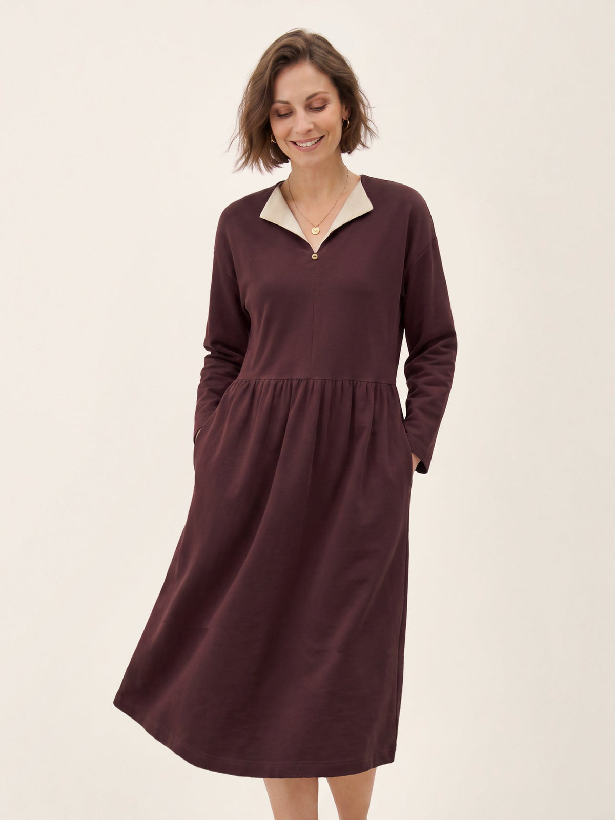 Cotton Yarn Dyed Color Block Gathered Waist Midi Shirt Dress YARITZA