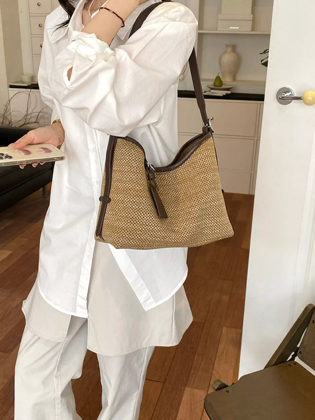Leather Trim Woven Shoulder Bag