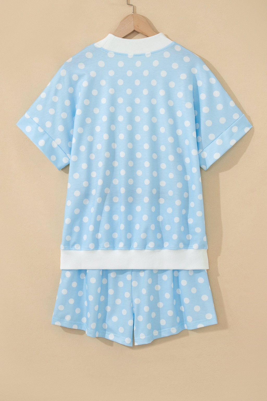 Sky Blue Polka Dot Print Color Block Trim Mock Neck Short Set