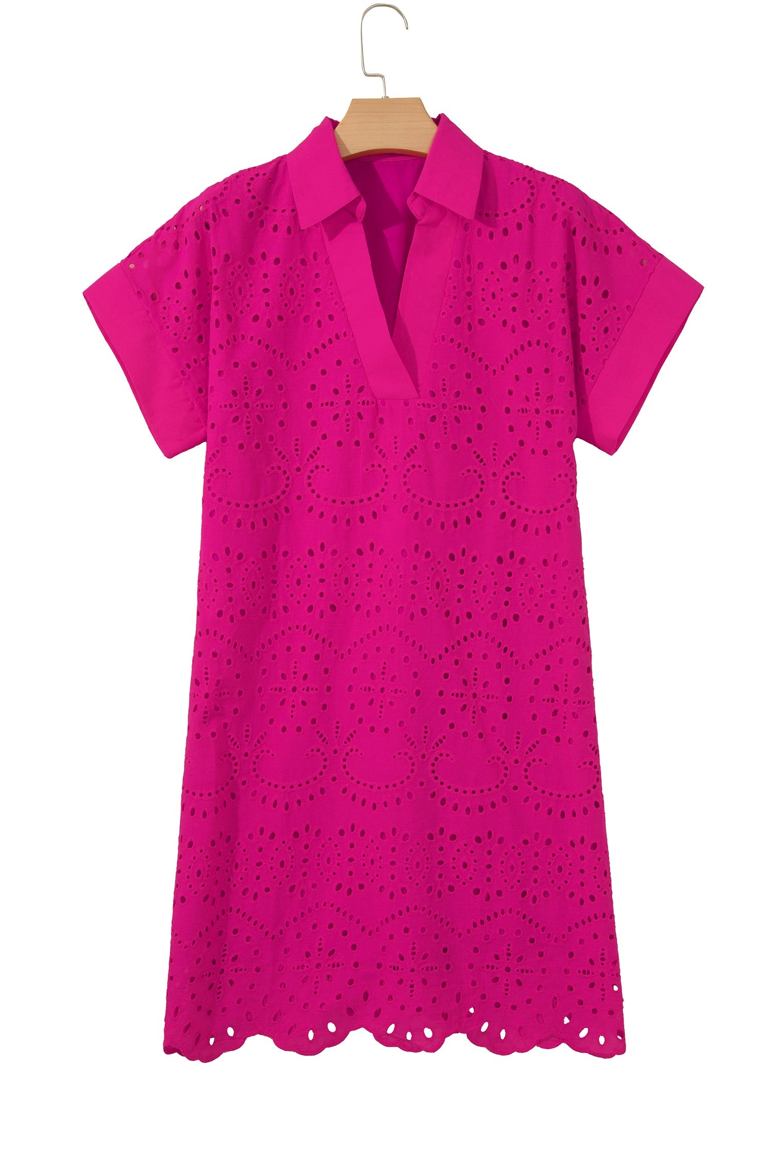 Rose Red Solid Color Eyelet Embroidered T Shirt Mini Dress