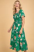 Floral Bubble Sleeve Smocked Tiered Midi Dress