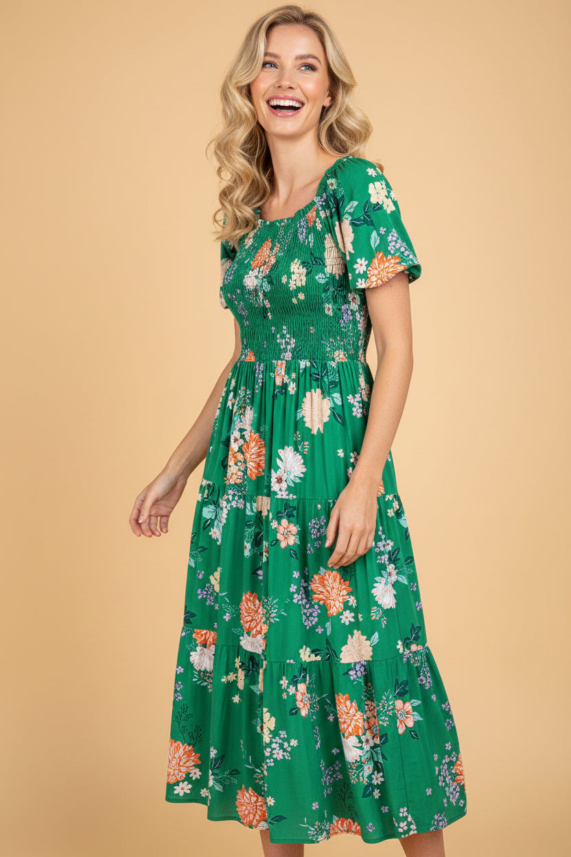 Floral Bubble Sleeve Smocked Tiered Midi Dress