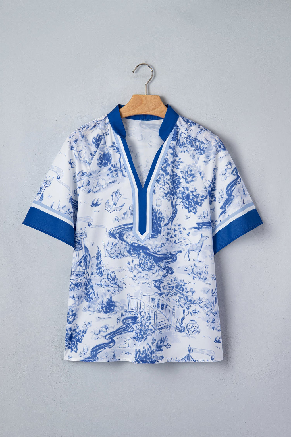 Blue Wild Animal Paradise Contrast V Neck Raglan Sleeve Blouse
