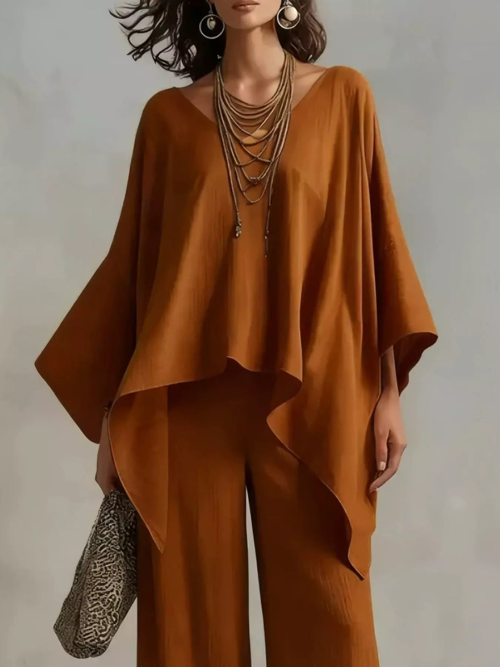 Full Size V-Neck Batwing Sleeve Top and Wide-Leg Pants Two-Piece Set Plus Size