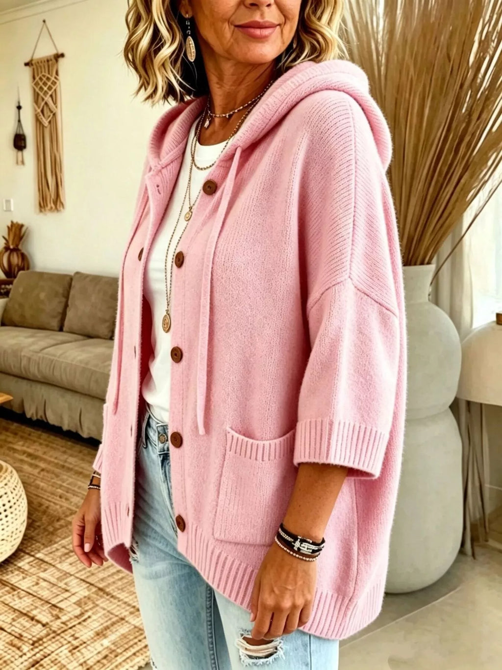 Full Size Hooded Button-Down Knit Cardigan Plus Size