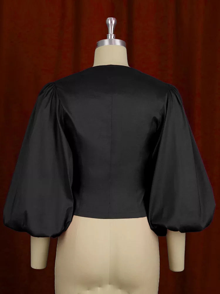 Full Size Double-Breasted Puff Sleeve Blouse Plus Size