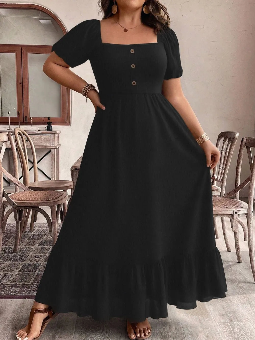 Ruffled Hem Square Neck Short Sleeve Dress