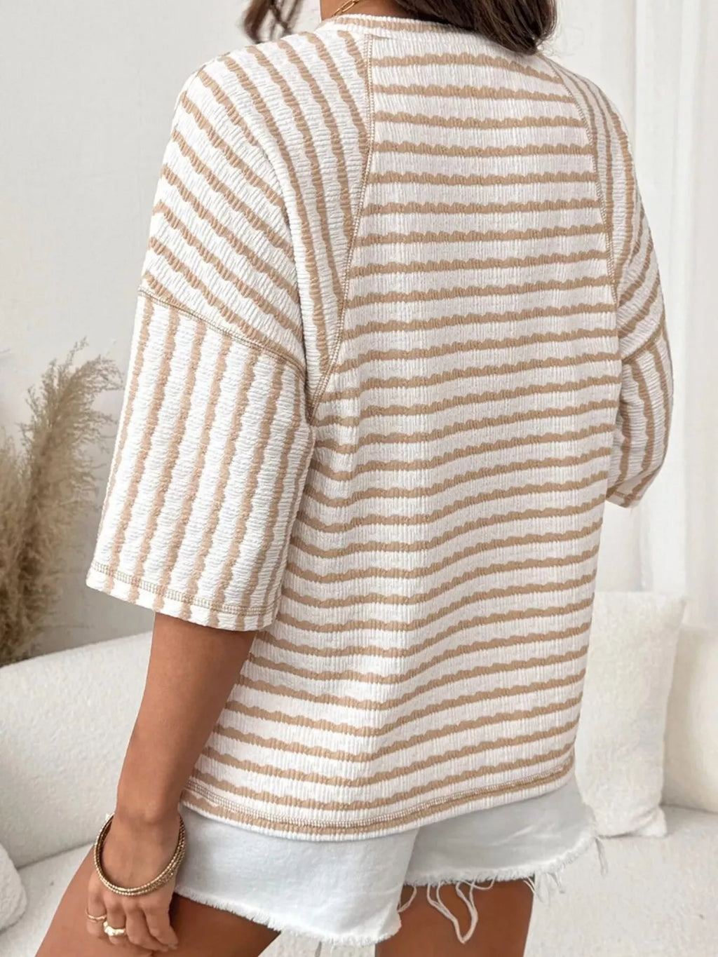 Casual Striped Raglan Sleeve Textured T-Shirt