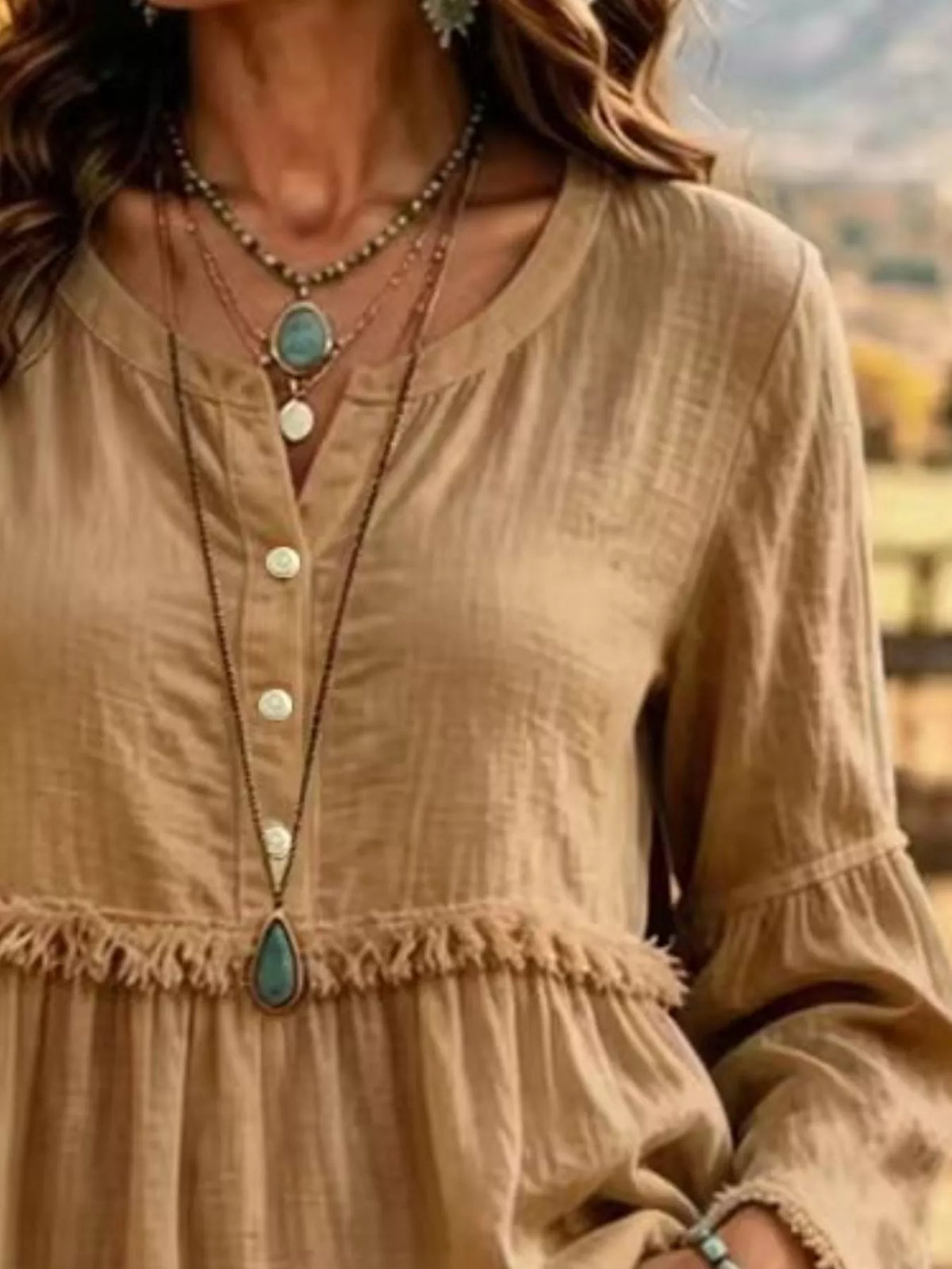 Full Size Fringed Button Detail Blouse Plus Size