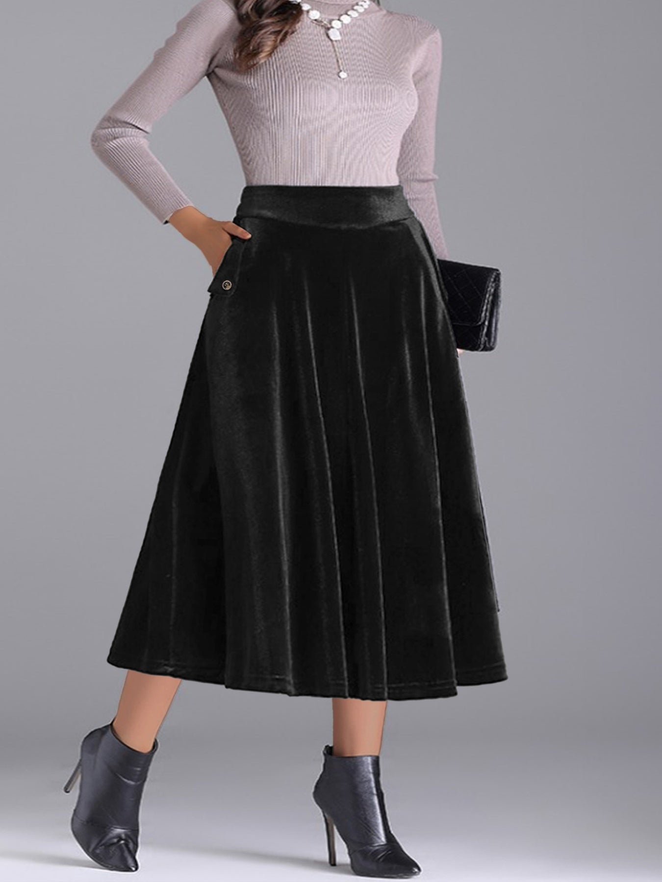 Elegant Velvet A-Line Midi Skirt