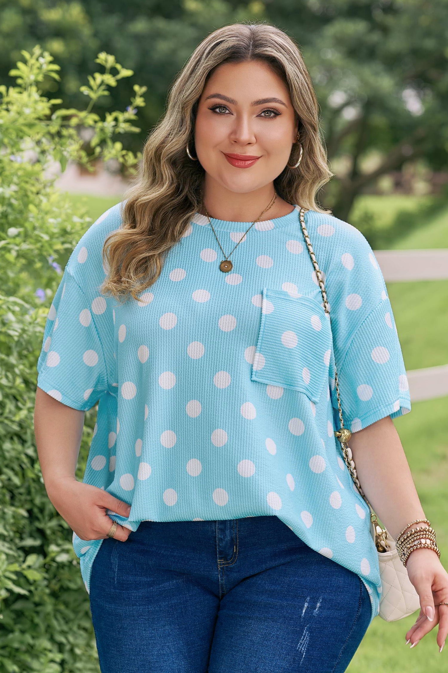 Sky Blue Twisted Rib Polka Dot Print Plus Size T Shirt