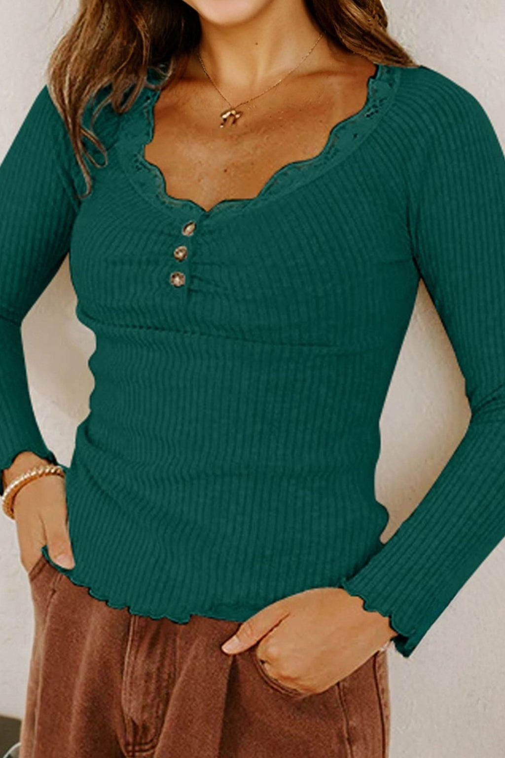 Skobeloff Lace Neckline Button Decor Lettuce Edge Long Sleeve Ribbed Top
