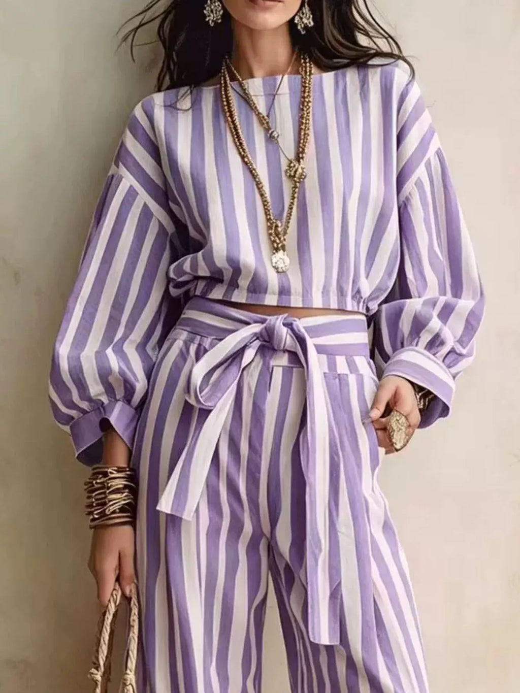 Striped Long Sleeve Top and Pants Two-Piece Set