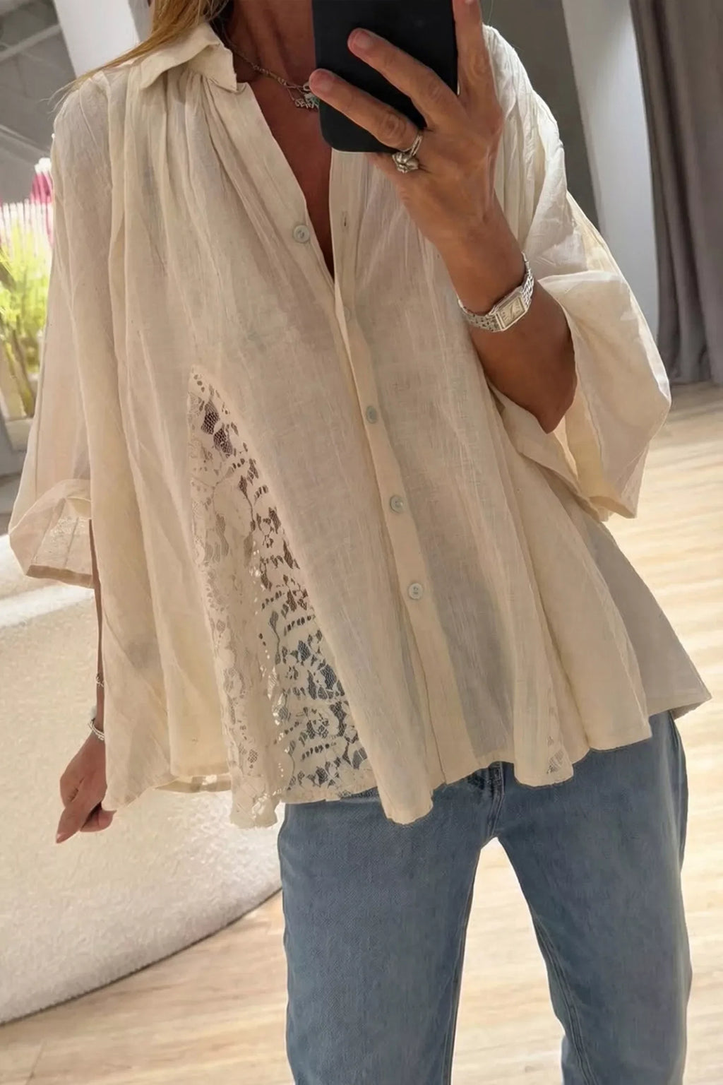 Sheer Lace Splicing Detail Bracelet Sleeve Loose Flowy Shirt