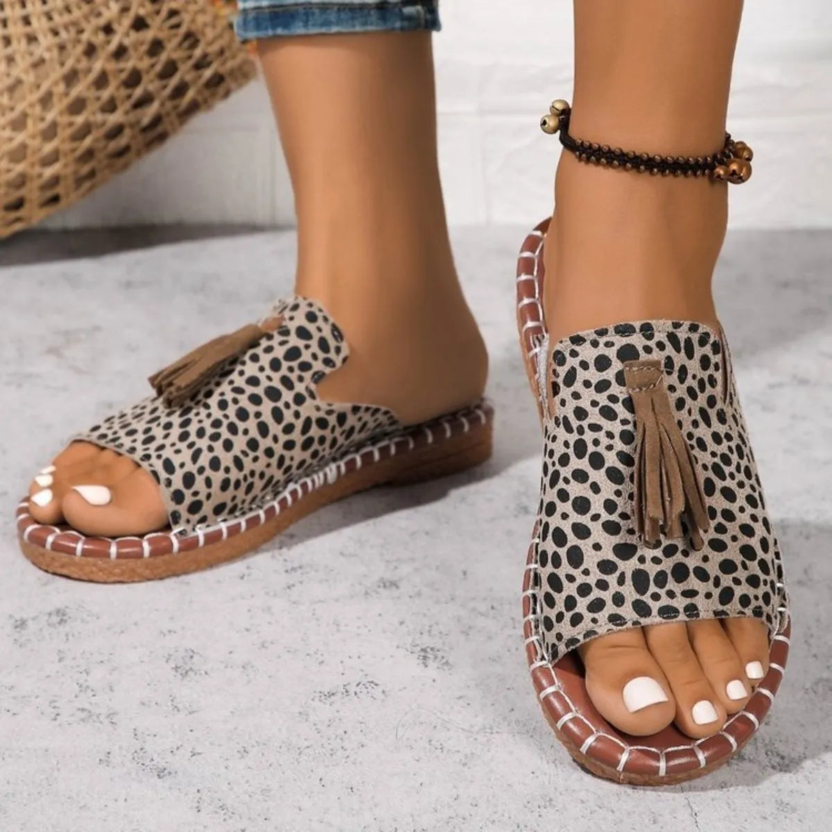 Leopard Print Tassel Flat Sandals