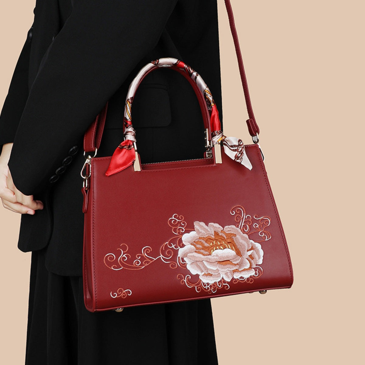 Embroidered Floral Leather Top Handle Handbag