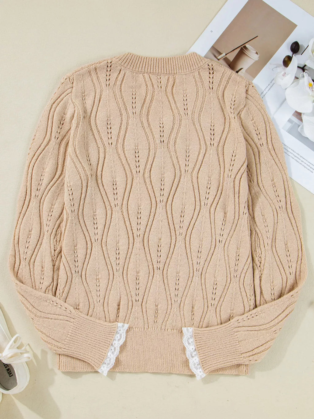Elegant Pearl Embellished Sweater with Lace Detail