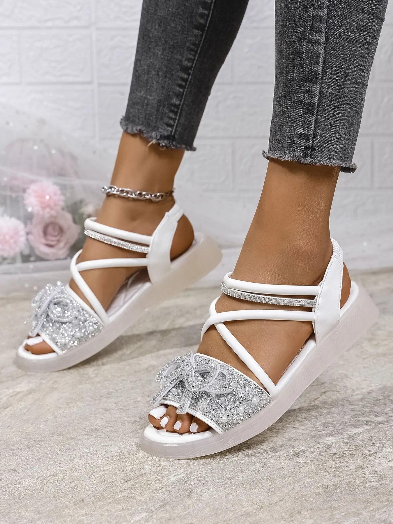 Bow Rhinestone Embellished Sandals