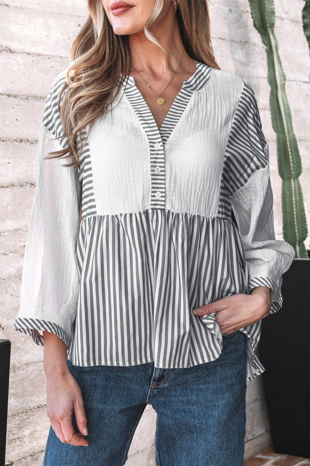 Stripe Gauze Patchwork Half Buttoned Babydoll Blouse