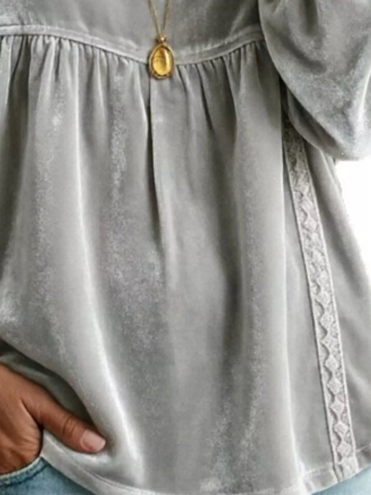 Full Size V-Neck Long Sleeve Velvet Blouse with Lace Trim Plus Size