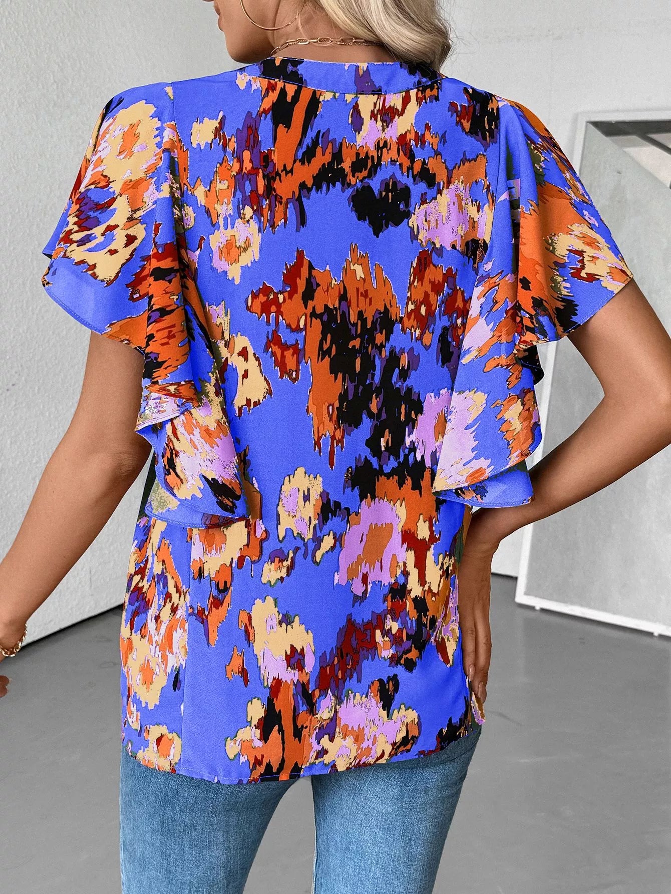 Abstract Print Flutter Sleeve Blouse